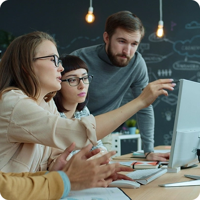 Professionals reviewing AI procurement dashboard